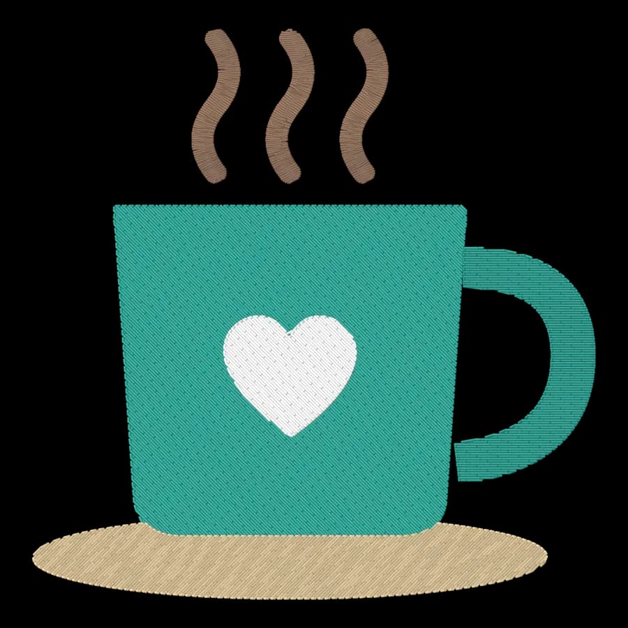 Coffee mug machine embroidery design, stitched