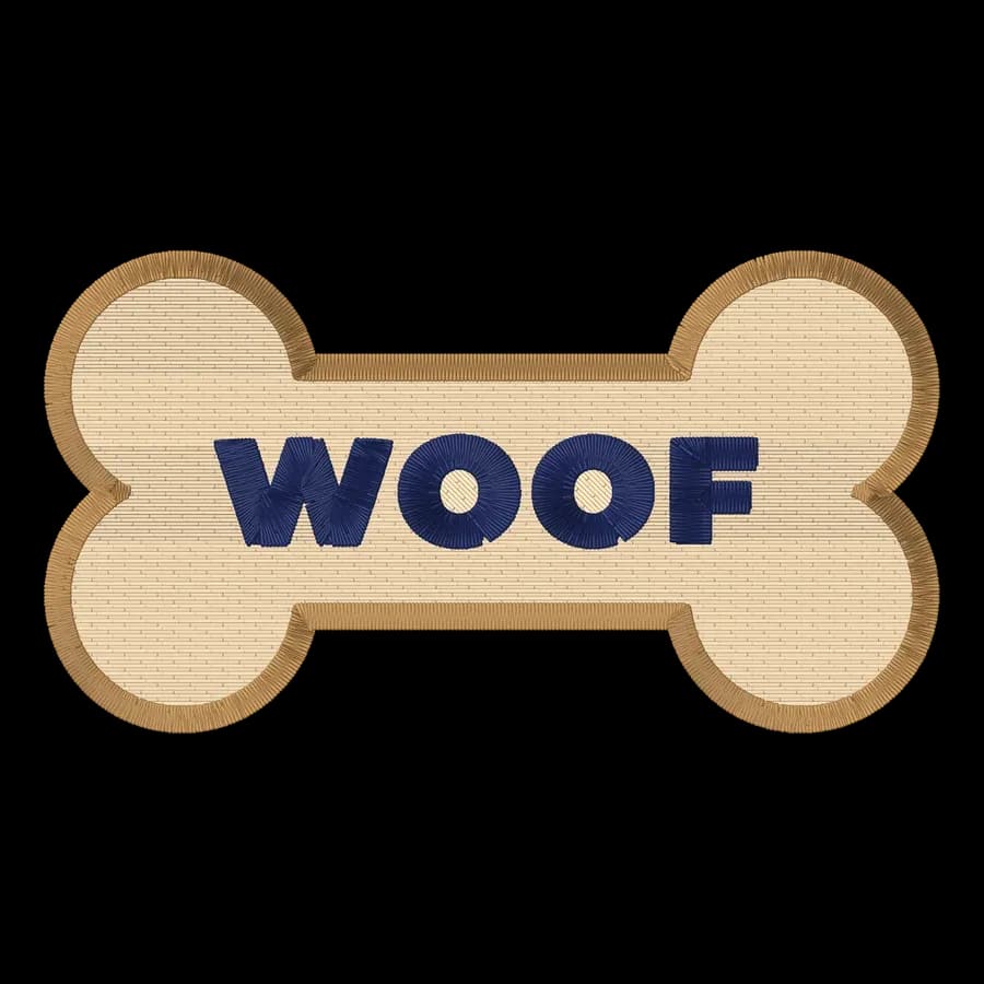 WOOF dog bone machine embroidery design, stitched
