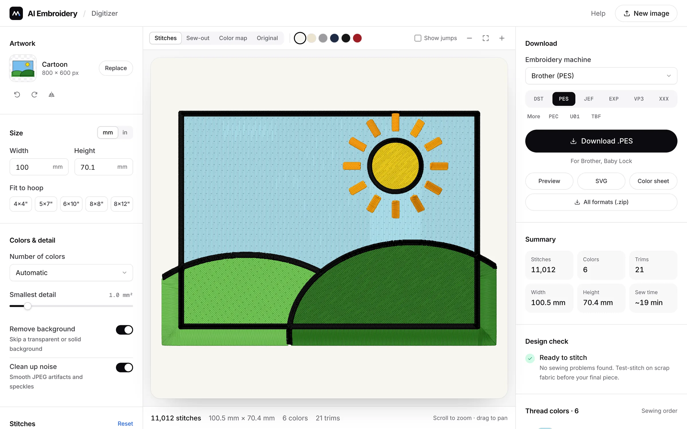 The digitizer editor showing a cartoon landscape converted to embroidery stitches, with download options, a stitch summary and a design check