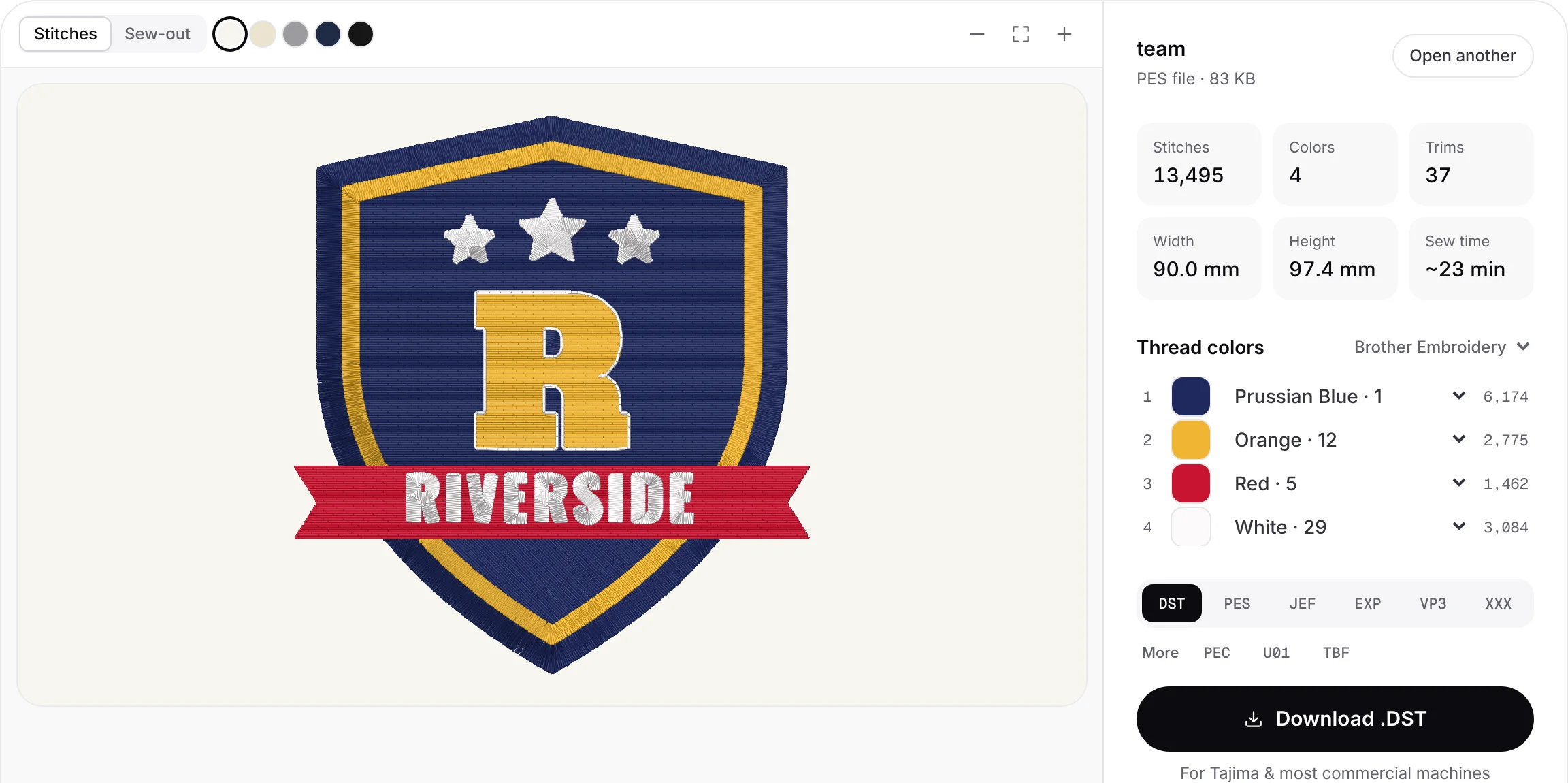 A team crest digitized into a PES file, with its stitch preview, stitch count, size, Brother thread colors and download formats