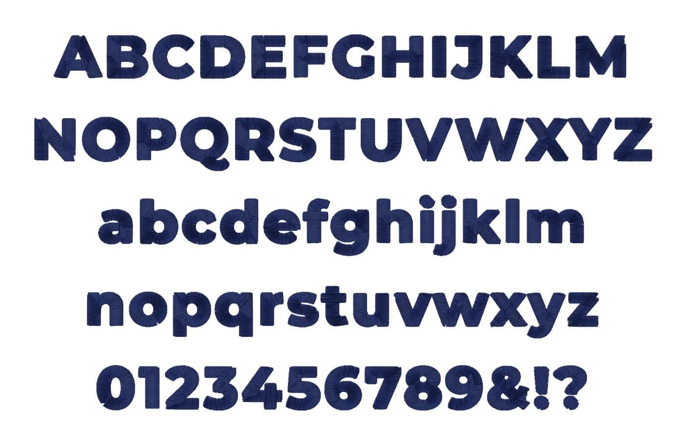 Block embroidery font alphabet: capitals, lowercase, numbers and symbols, stitched