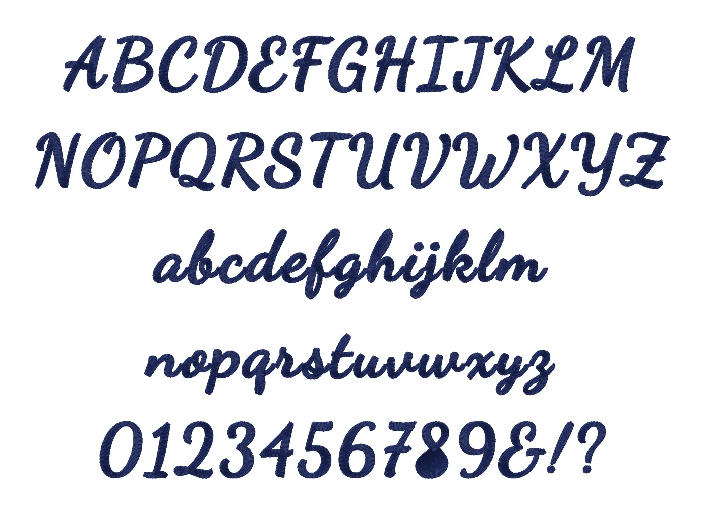 Flowing embroidery font alphabet: capitals, lowercase, numbers and symbols, stitched