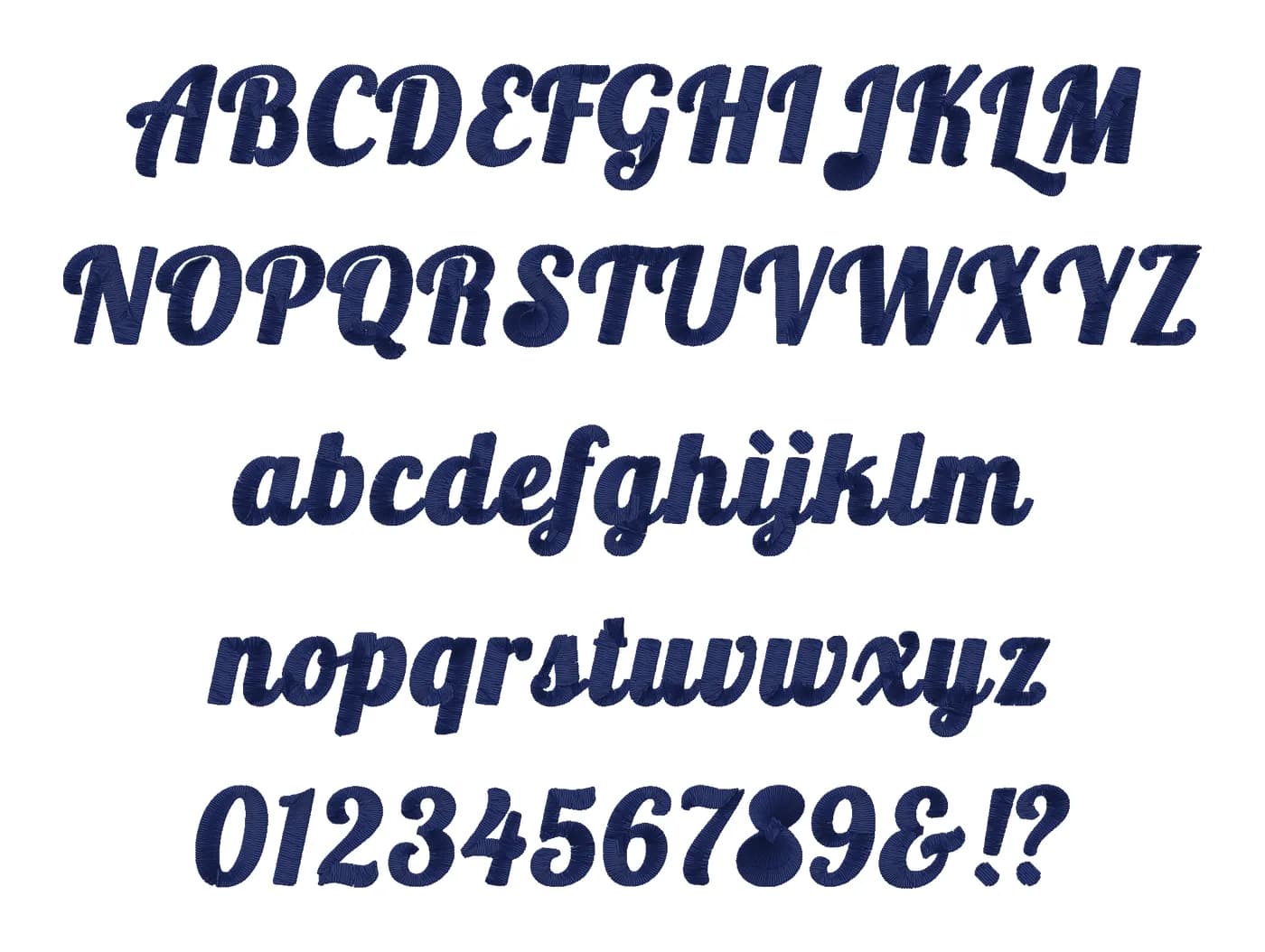 Retro embroidery font alphabet: capitals, lowercase, numbers and symbols, stitched