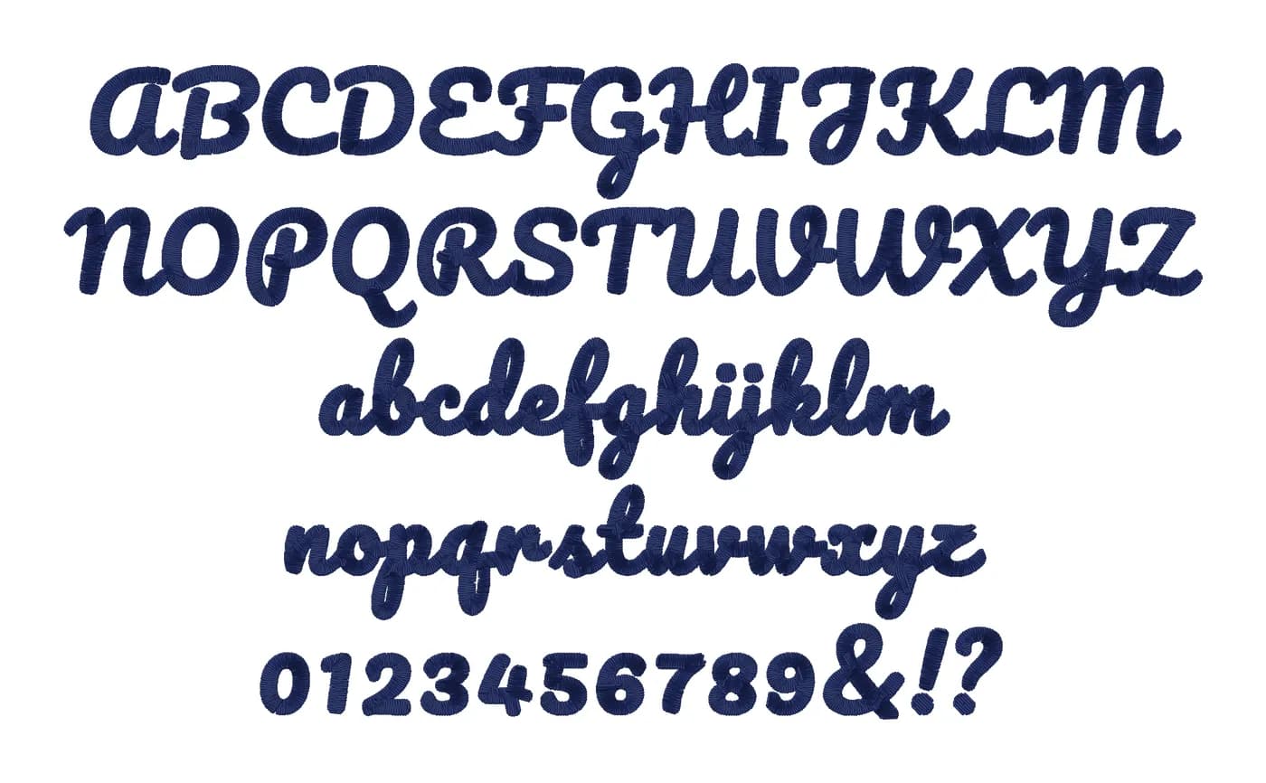 Script embroidery font alphabet: capitals, lowercase, numbers and symbols, stitched