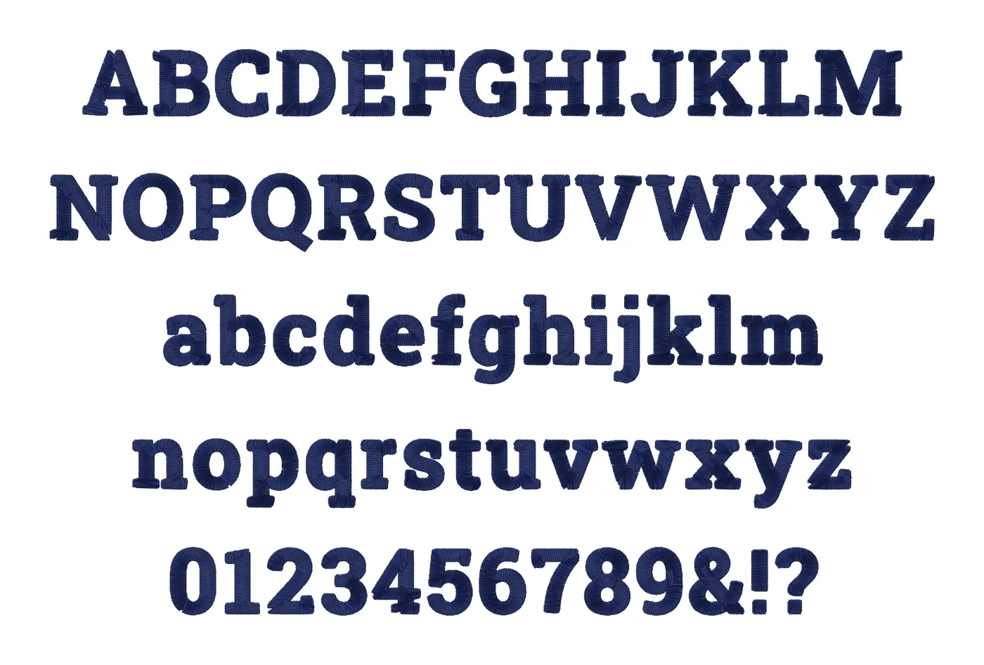 Slab embroidery font alphabet: capitals, lowercase, numbers and symbols, stitched