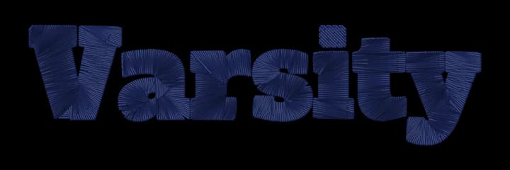 Varsity embroidery font sample, stitched