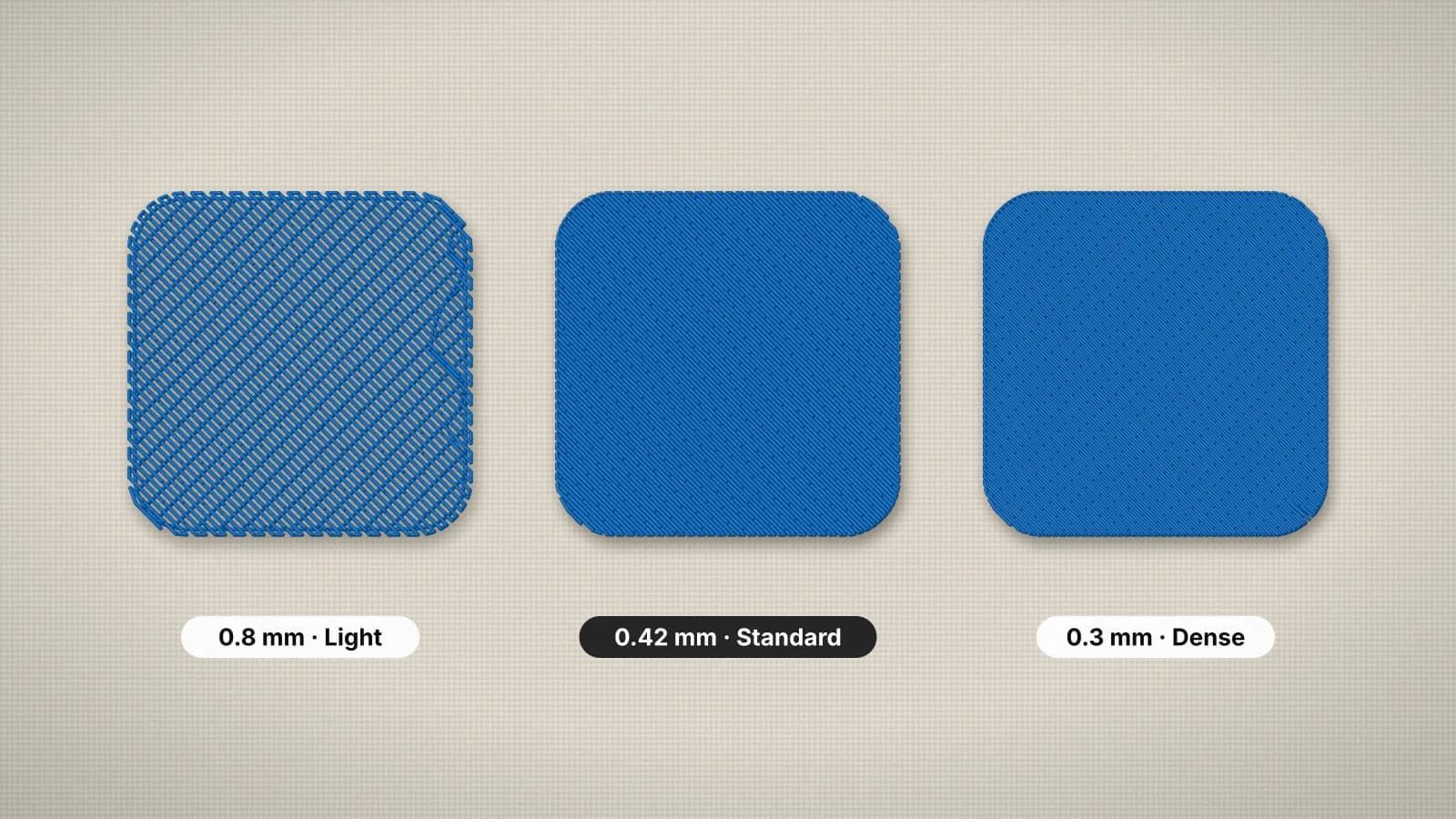 Three stitched swatches at light, standard and dense fill spacing, side by side