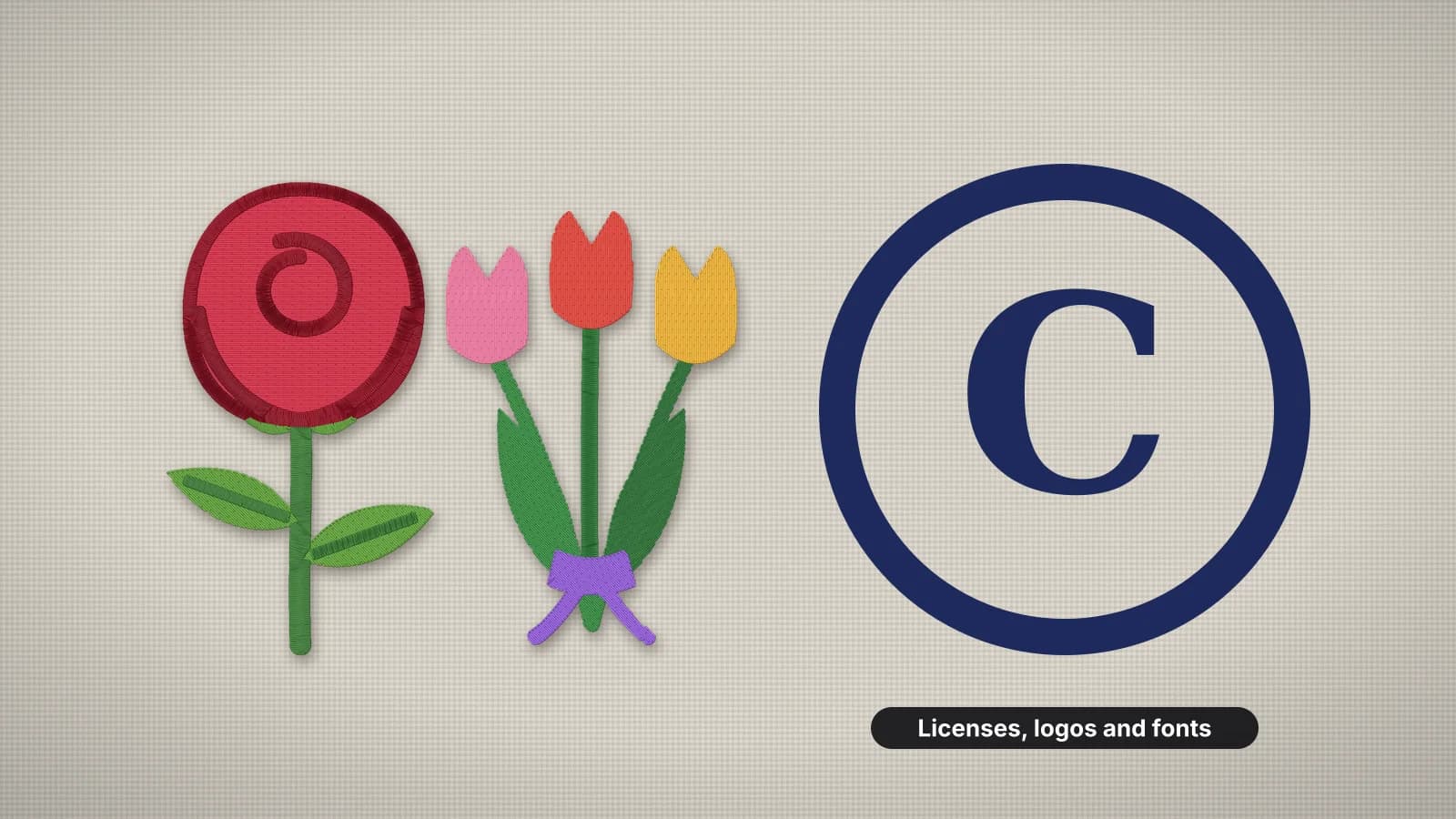 A stitched rose and a bunch of stitched tulips on fabric beside a large copyright symbol