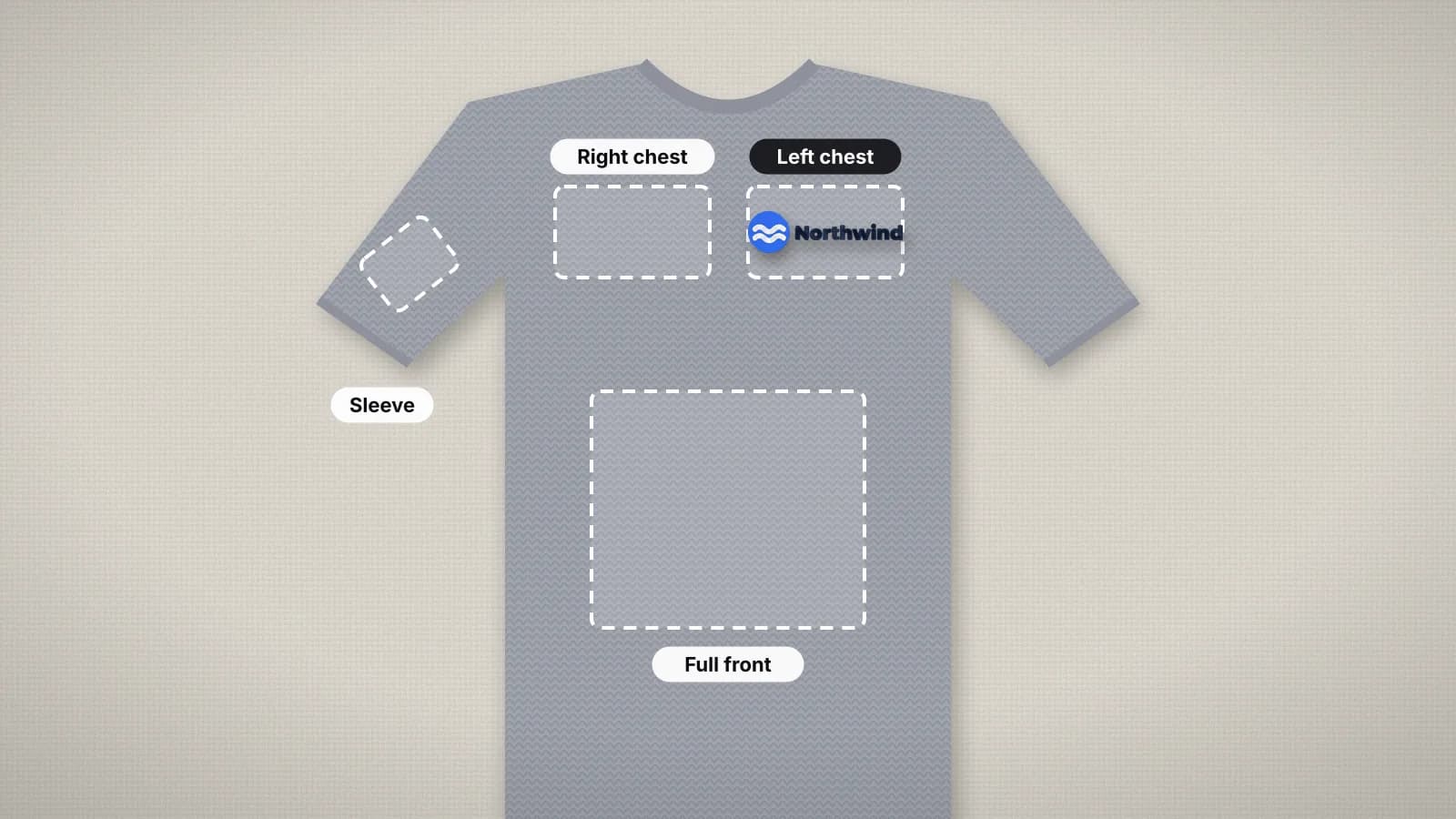 A gray T-shirt with common embroidery placements marked: left chest, right chest, sleeve and full front