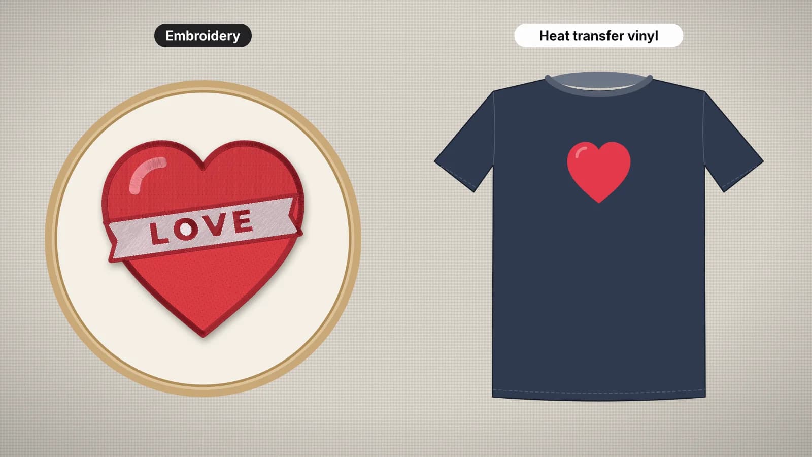 A stitched love heart in an embroidery hoop beside a flat vinyl heart pressed on a T-shirt