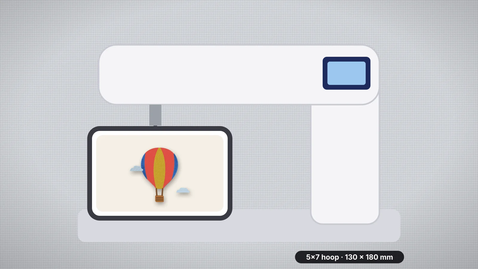 An embroidery machine with a 5x7 hoop holding a stitched hot air balloon