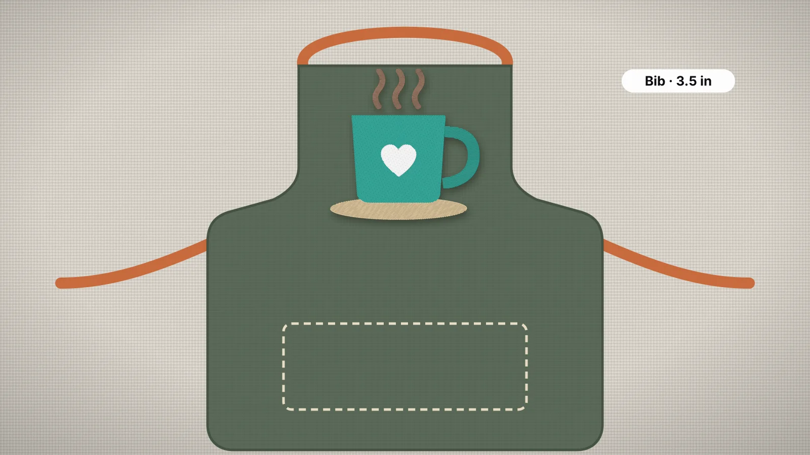 An apron with a coffee cup embroidered on the bib