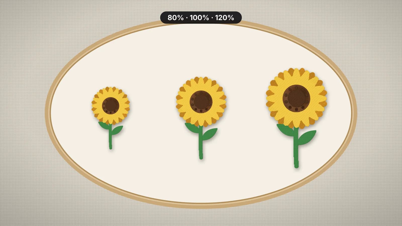 The same stitched sunflower in three sizes inside an embroidery hoop