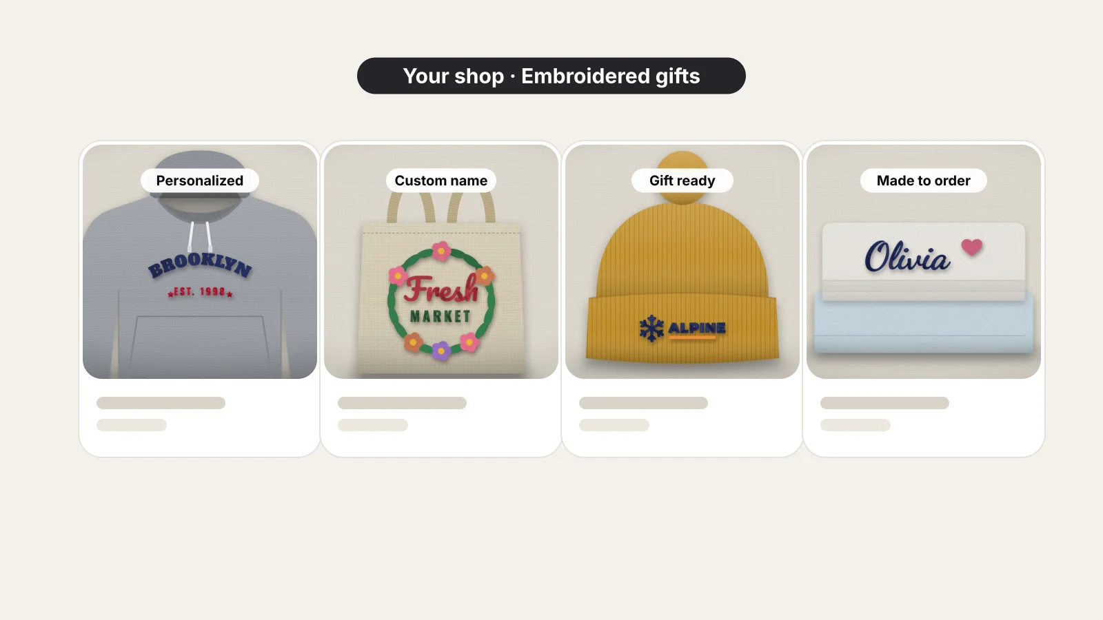 A grid of embroidered products, including tote bags, towels, caps and patches