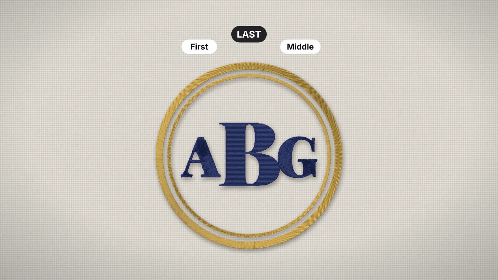 A stitched ABG monogram with a larger middle B inside a gold double circle