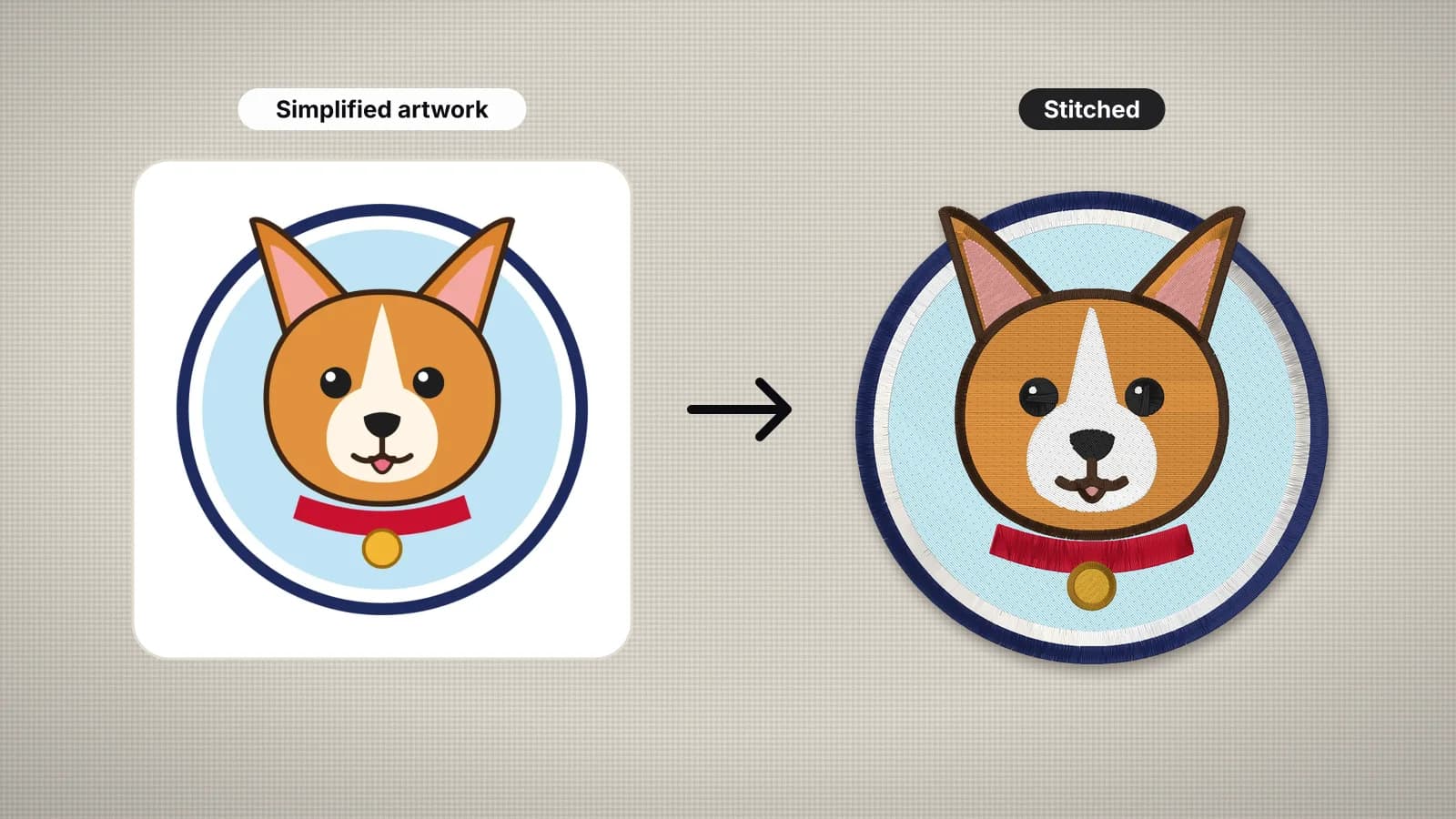 A photo of a pet beside the same pet stitched as a flat-color embroidery design